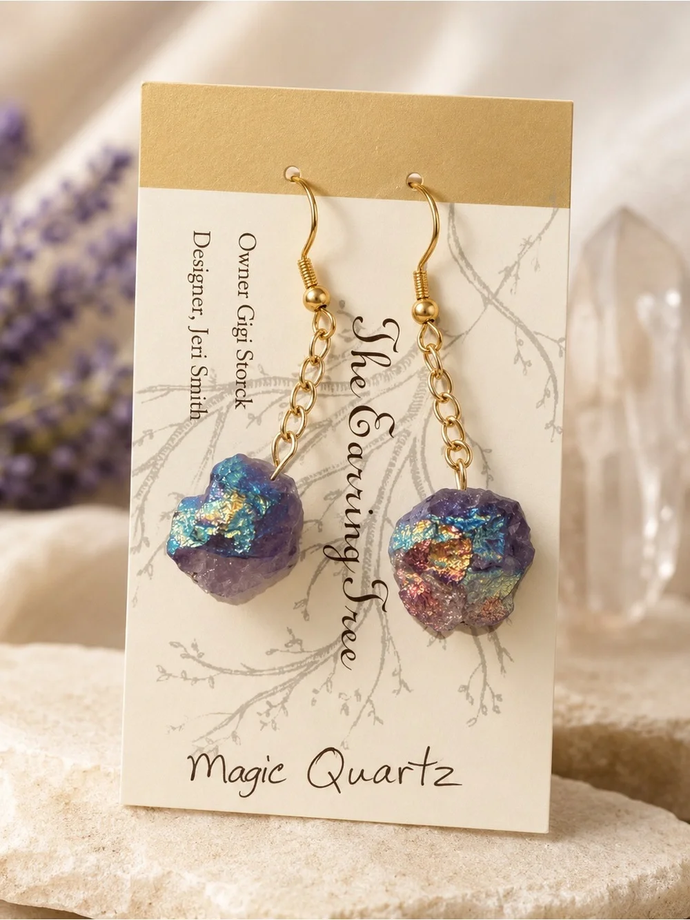 The Earring Tree Purple Iridescent Magic Quartz Drop Earrings NWT